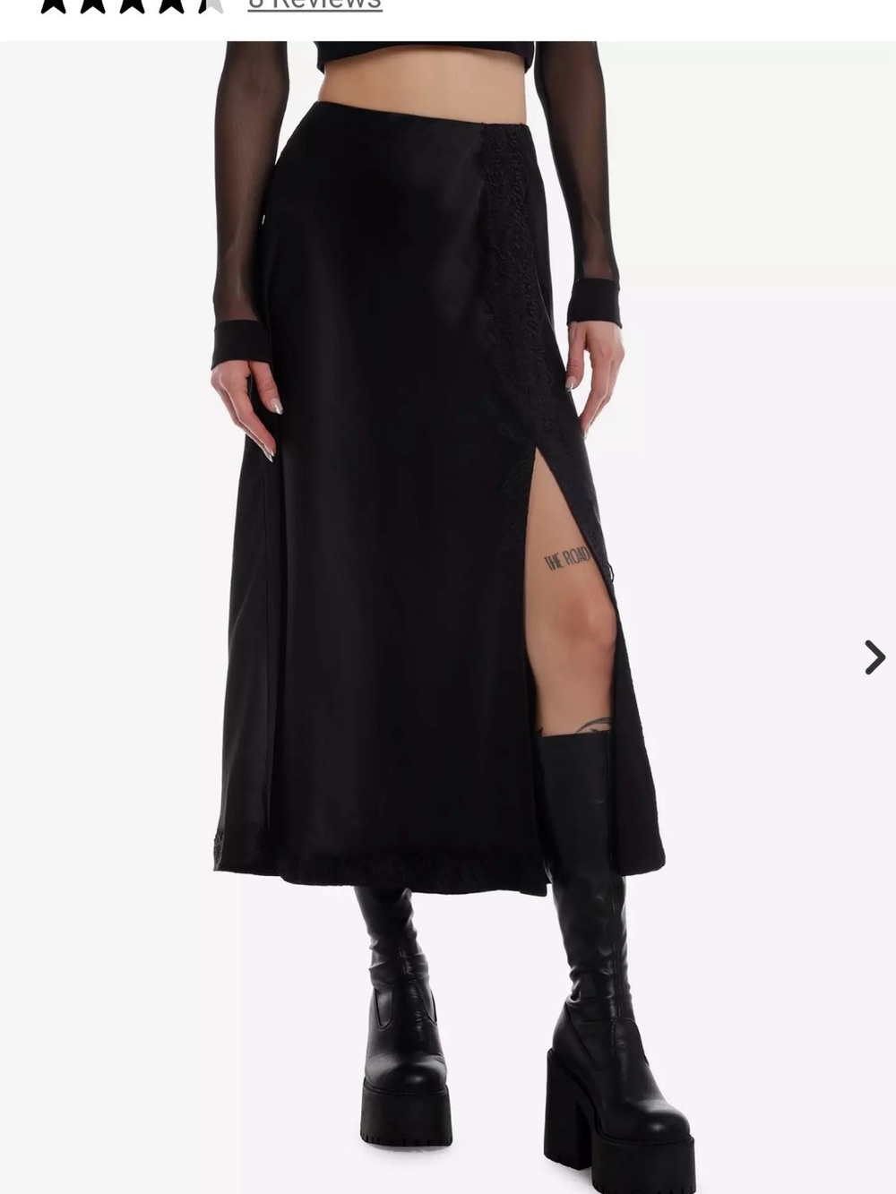 Social Collision Black Midi Satin Skirt with Lace Side Panel